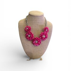 Bib Style Fuchsia Floral and Crystal Necklace